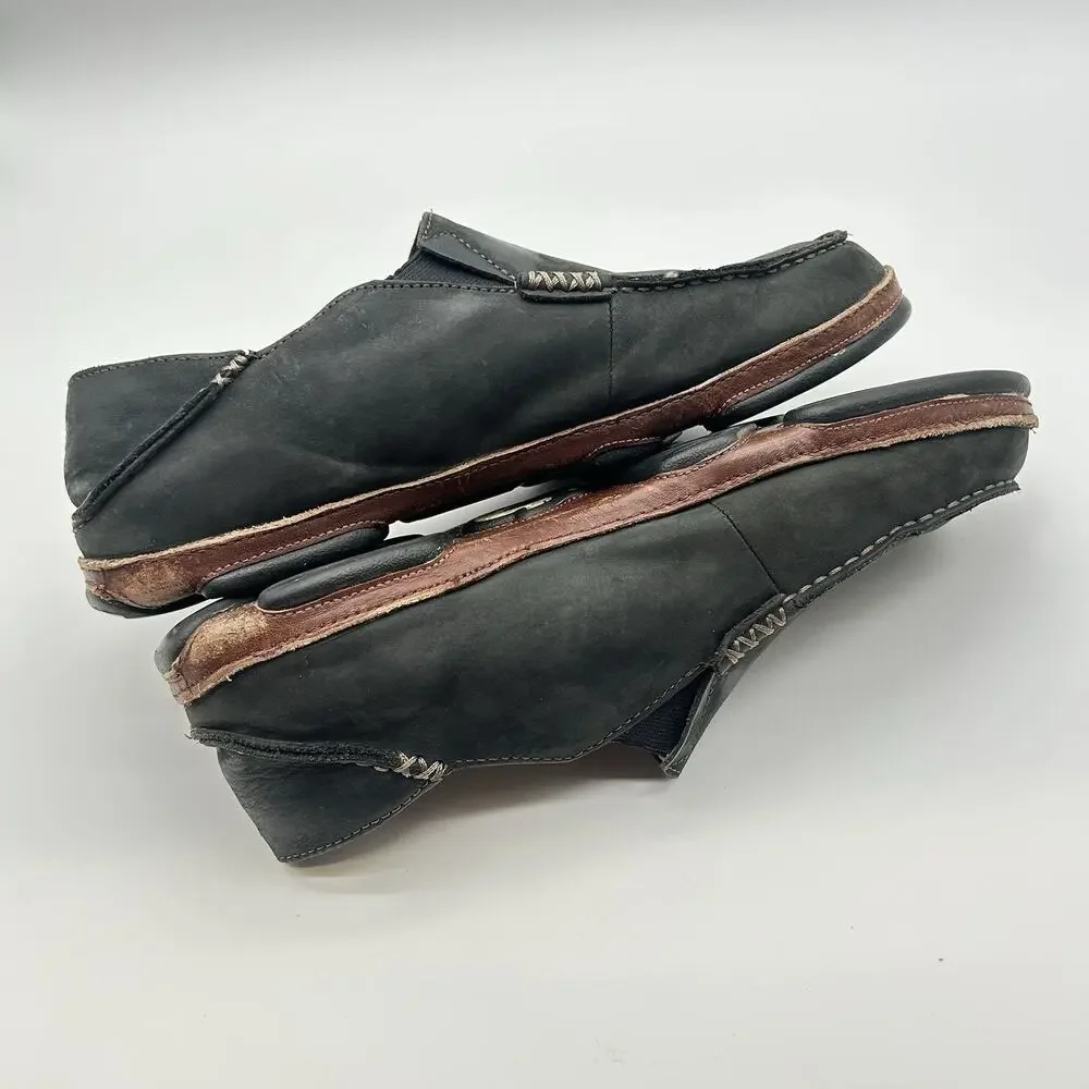 OluKai Moloa Mens 11 Black Leather Slip On Low Top Casual Comfort Loafers